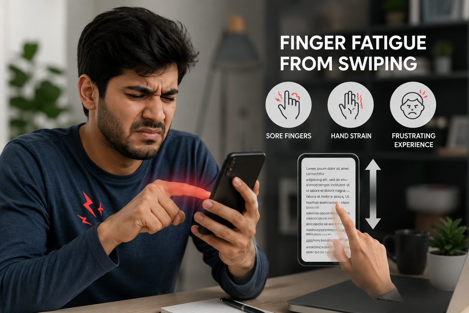 Frustrated user experiencing finger fatigue from swiping screens