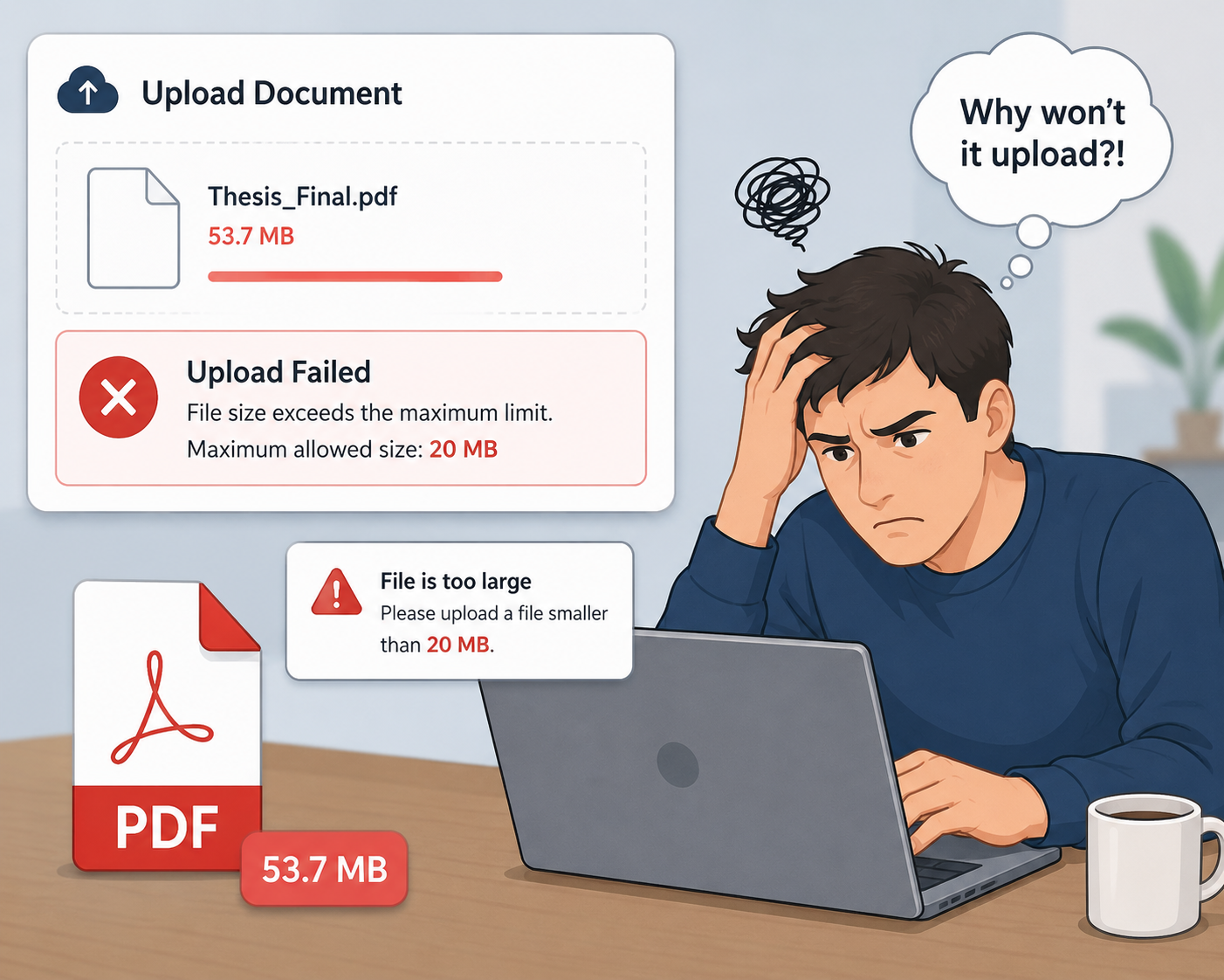 Frustrated user failing to upload a large PDF file due to size limits