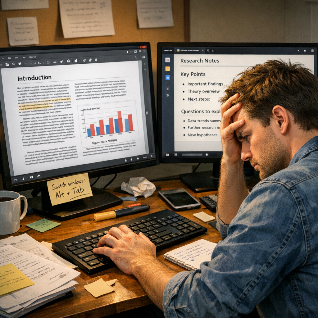 Frustrated user switching between PDF viewer and a separate note app