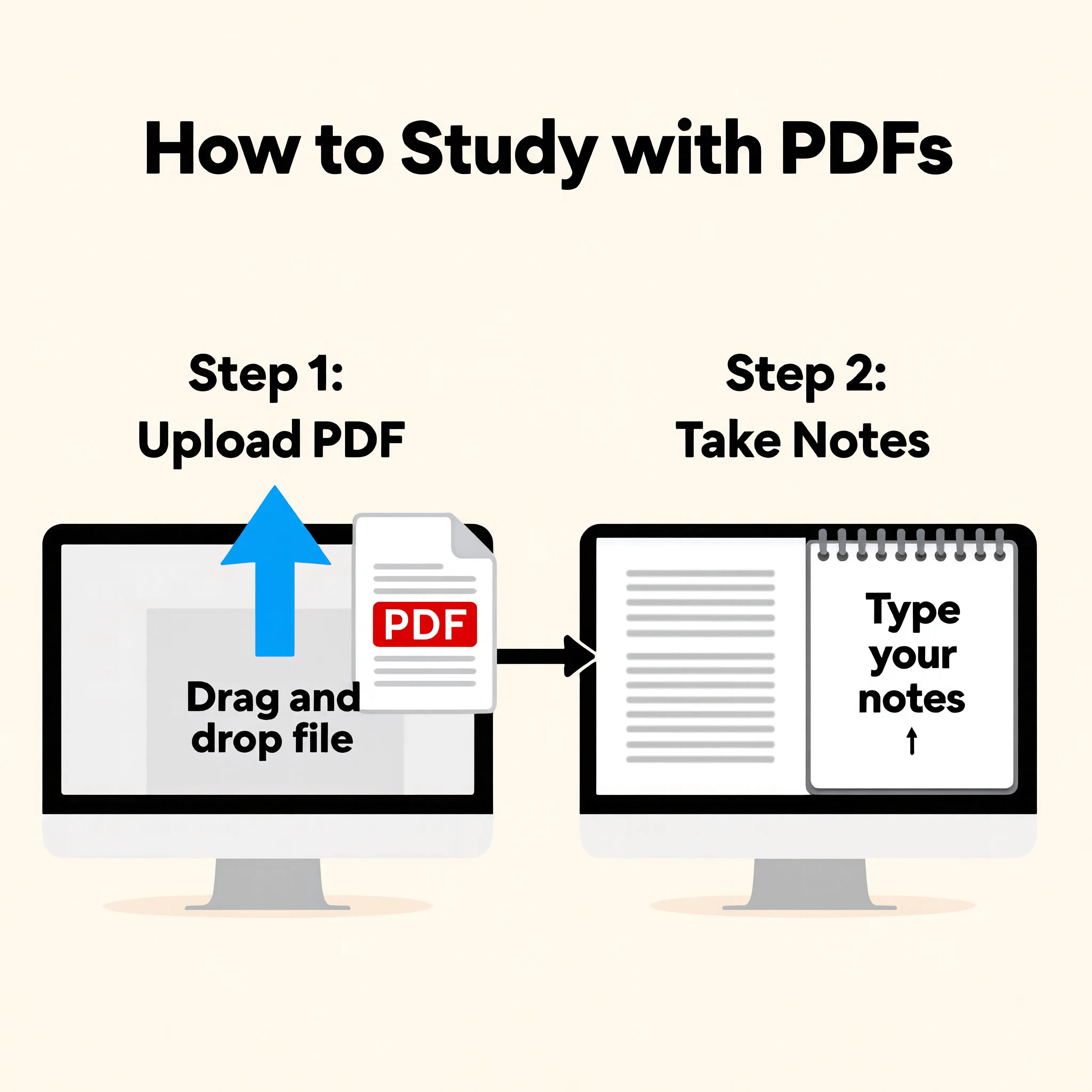 Step by step guide showing uploading a PDF and typing notes side by side