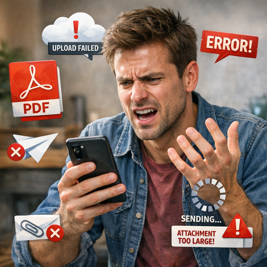 Person frustrated with sharing PDF files on mobile