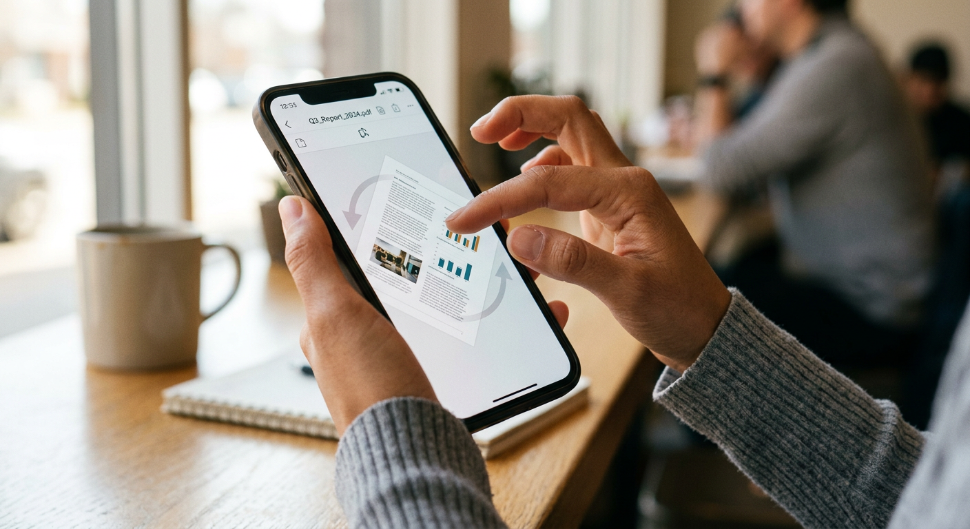 Person rotating a PDF document on a mobile phone