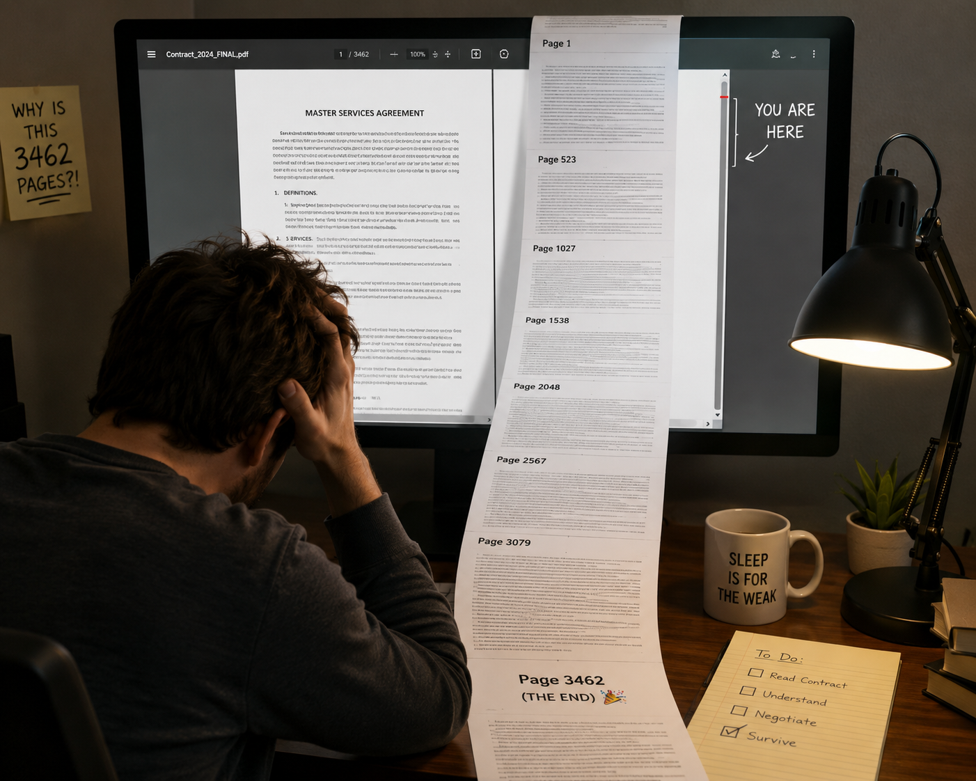 Person struggling with a massive scrolling PDF document on their screen