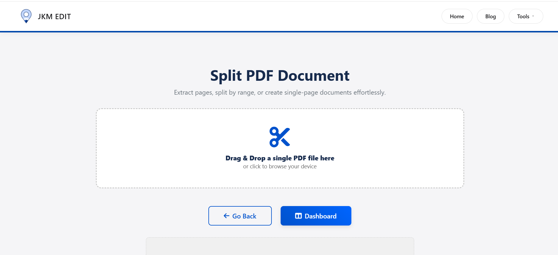 JKM Edit Split PDF Tool landing page