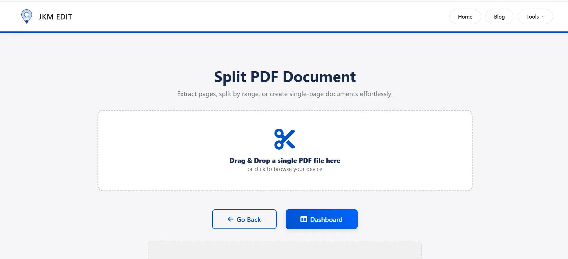 JKM Edit Split PDF Tool landing page