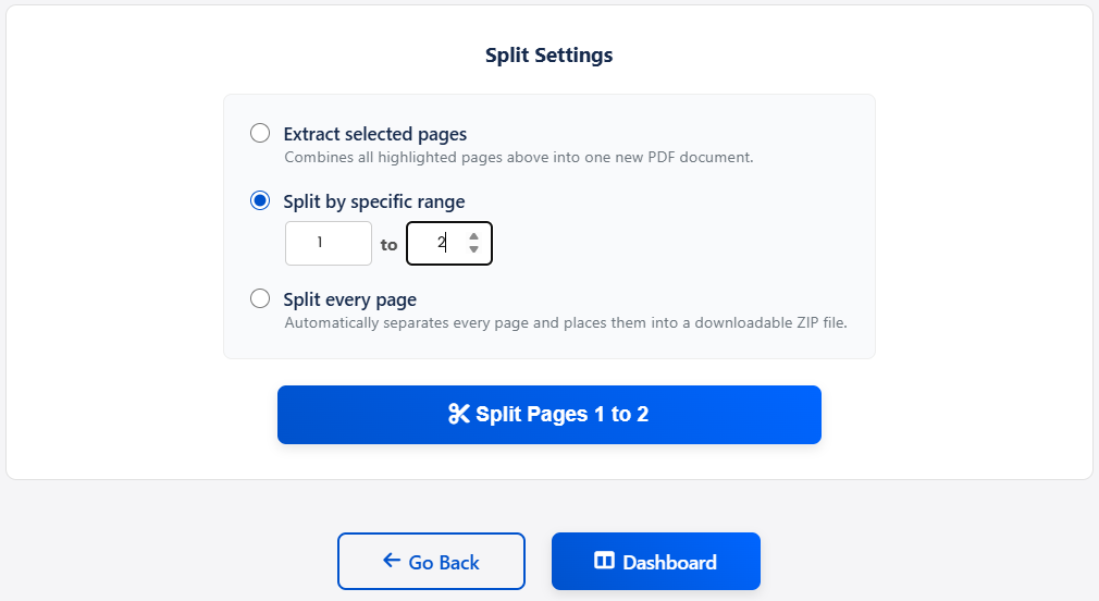 UI highlighting specific page ranges to be extracted