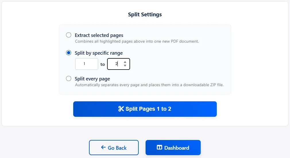 UI highlighting particular action page ranges to be extracted