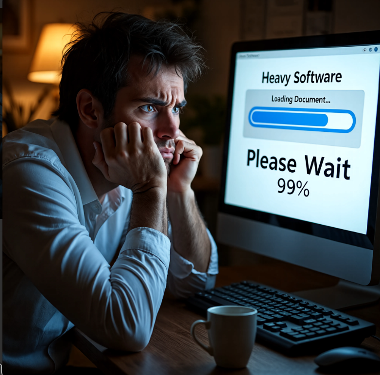 User frustrated waiting for heavy software to load a document