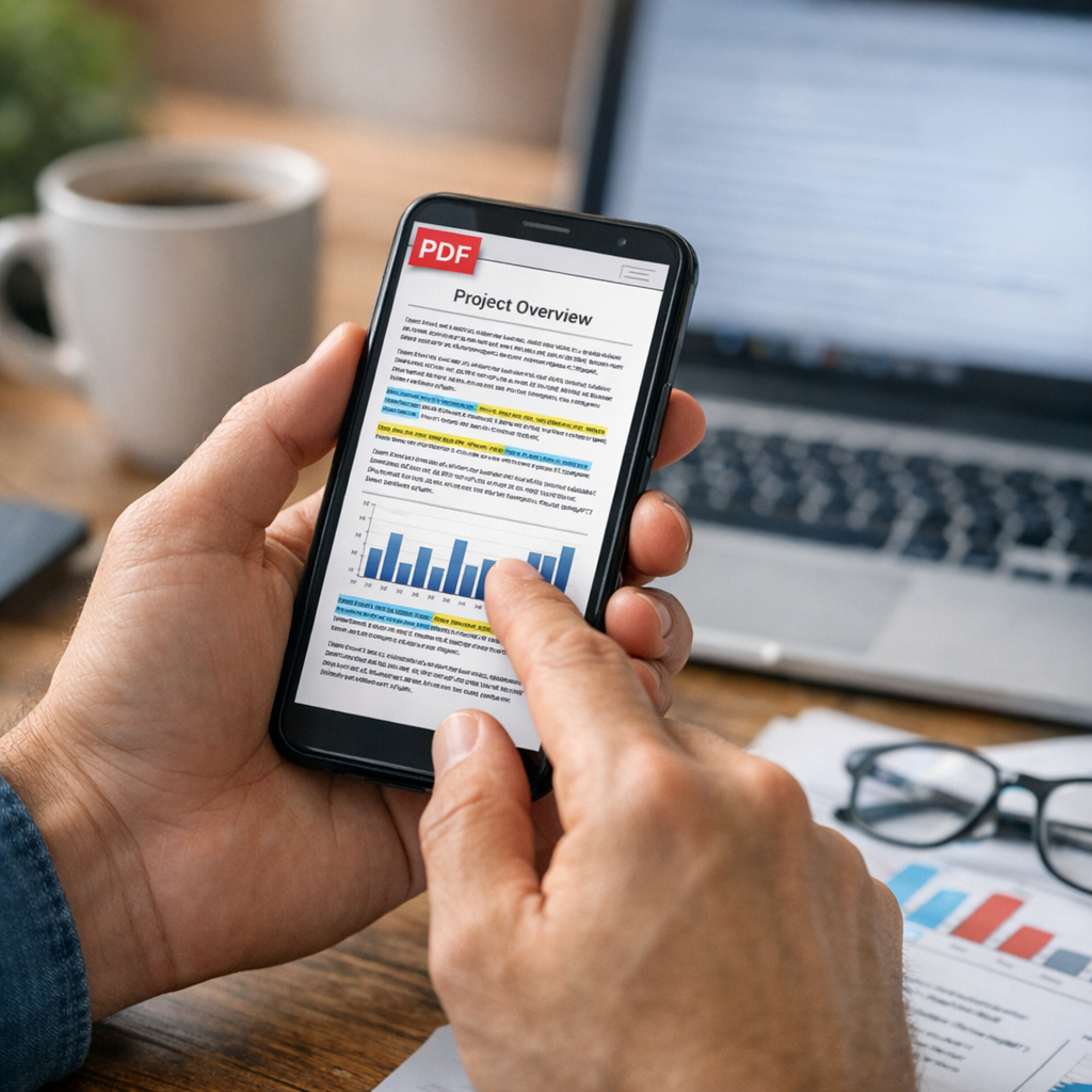 Person efficiently reading a PDF document on their smartphone