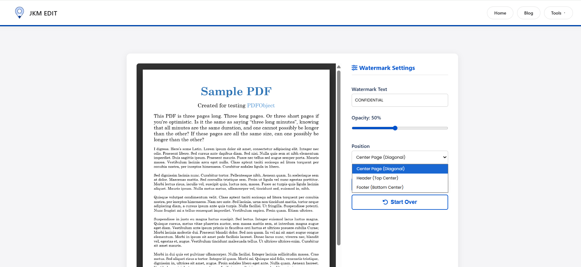 Step 1: Uploading PDF file to watermark tool