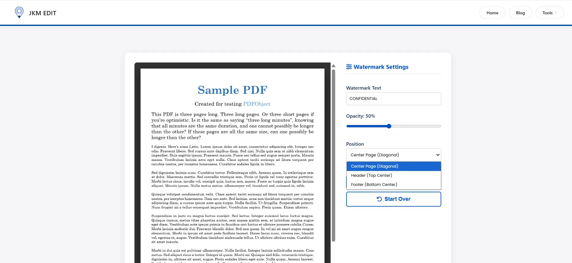 Step 1: Uploading PDF file to watermark tool