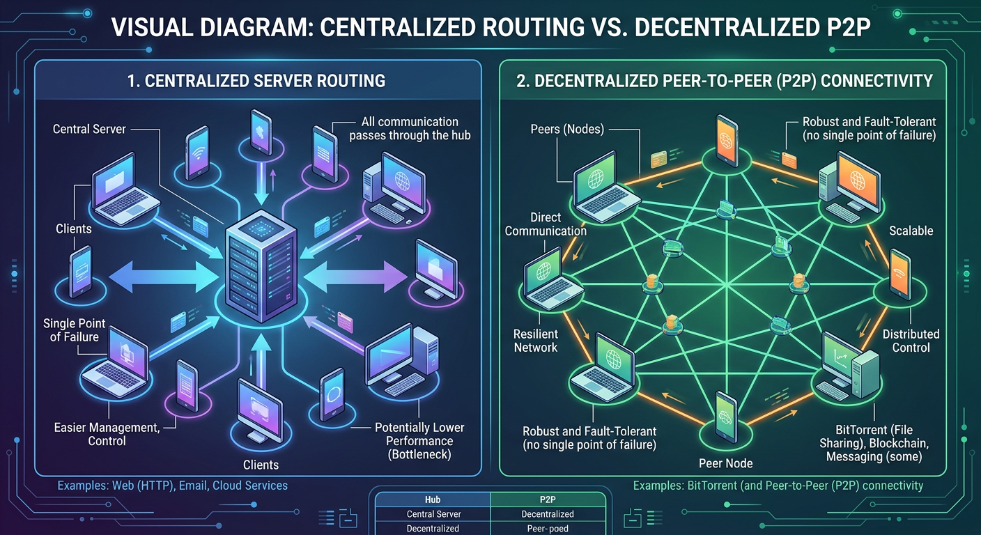 Visual diagram showing the difference between centralized server routing and decentralized peer to peer connectivity