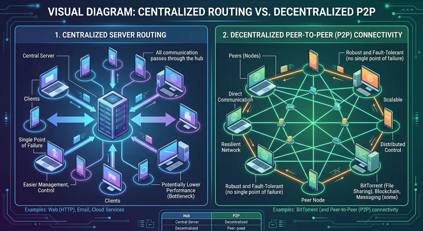 Visual diagram of centralized server routing versus decentralized peer to peer connectivity