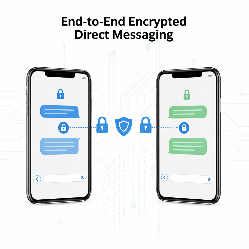 A graphic illustrating end to end encrypted direct messaging between two smartphones