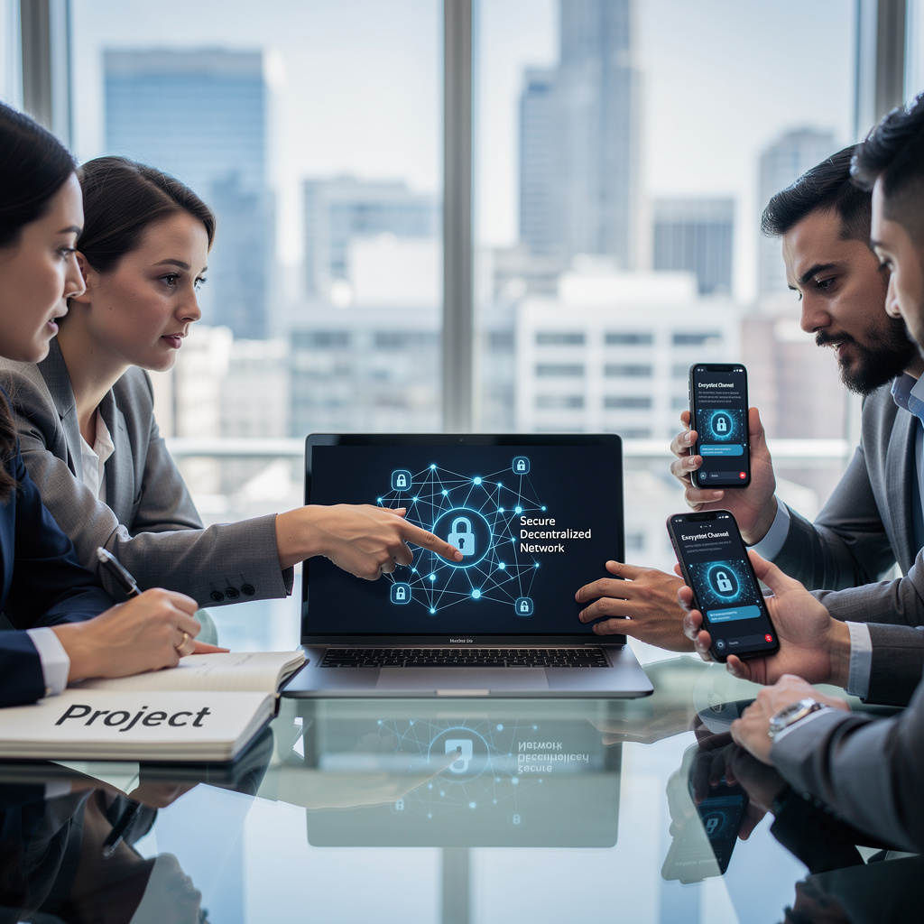 Professionals in an office looking at a laptop, using secure decentralized communication for a project