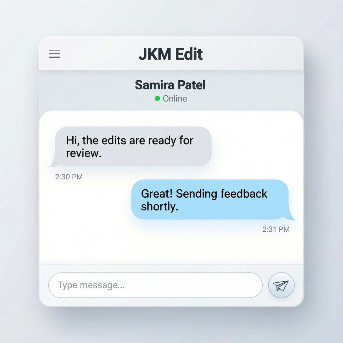 A screenshot showing the minimal, clean, and fast user interface of the JKM Edit peer to peer chat tool