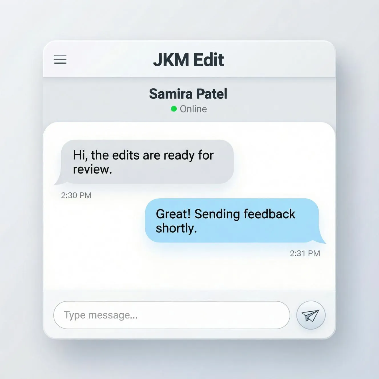 A screenshot showing the minimal, clean, and fast user interface of the JKM Edit peer to peer chat tool