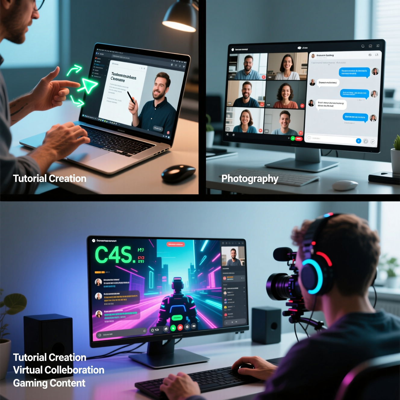 Visual representation of various screen recording use cases like tutorials, virtual meetings, and gaming content creation.