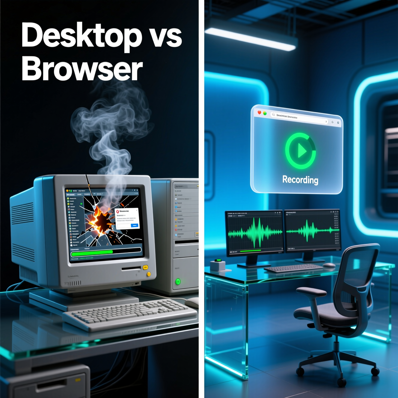 A side-by-side comparison illustrating a heavy, crashing desktop software versus a smooth, lightweight browser-based recording tool.