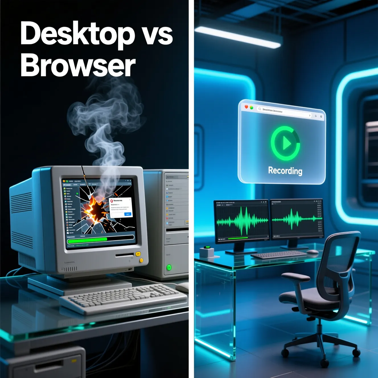 Side-by-side comparison: heavy crashing desktop app vs. smooth lightweight web-based screen recording solution.