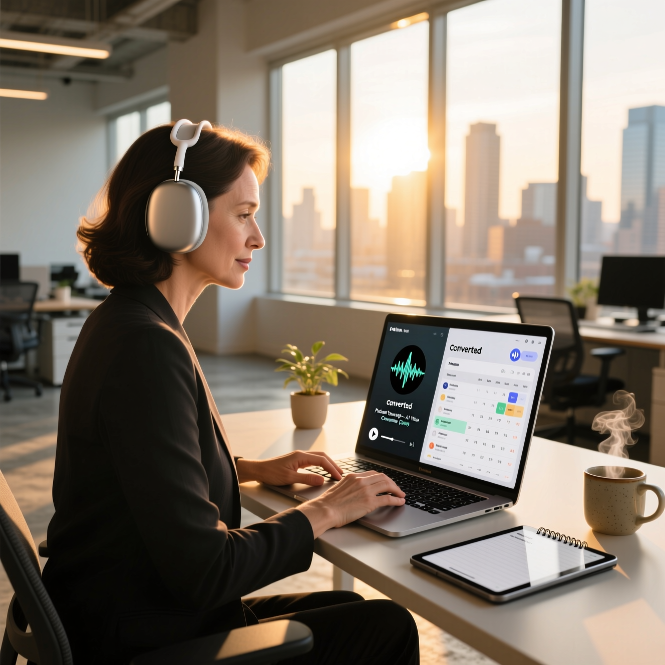 A professional woman wearing headphones, multitasking at her laptop while listening to a converted audio podcast.
