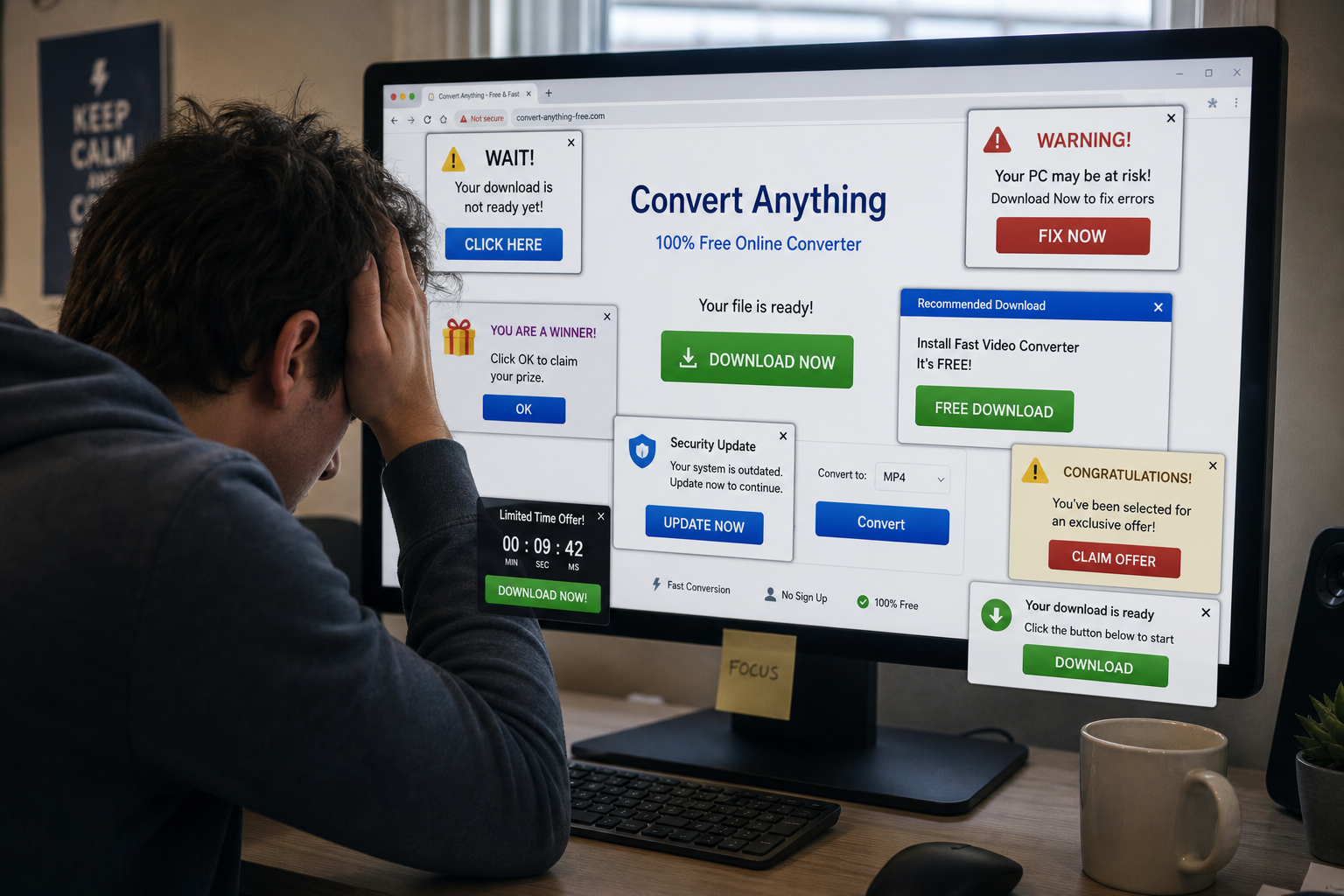 A frustrated user facing a computer screen filled with spammy pop-ups and fake download buttons on a generic conversion site.