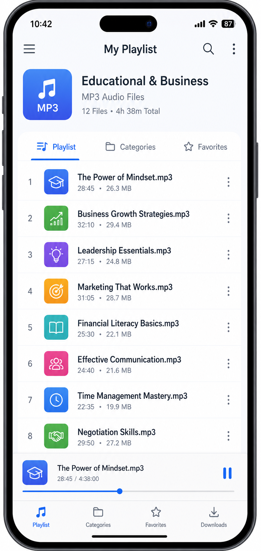 A clean smartphone interface showing an organized playlist of MP3 educational and business files.